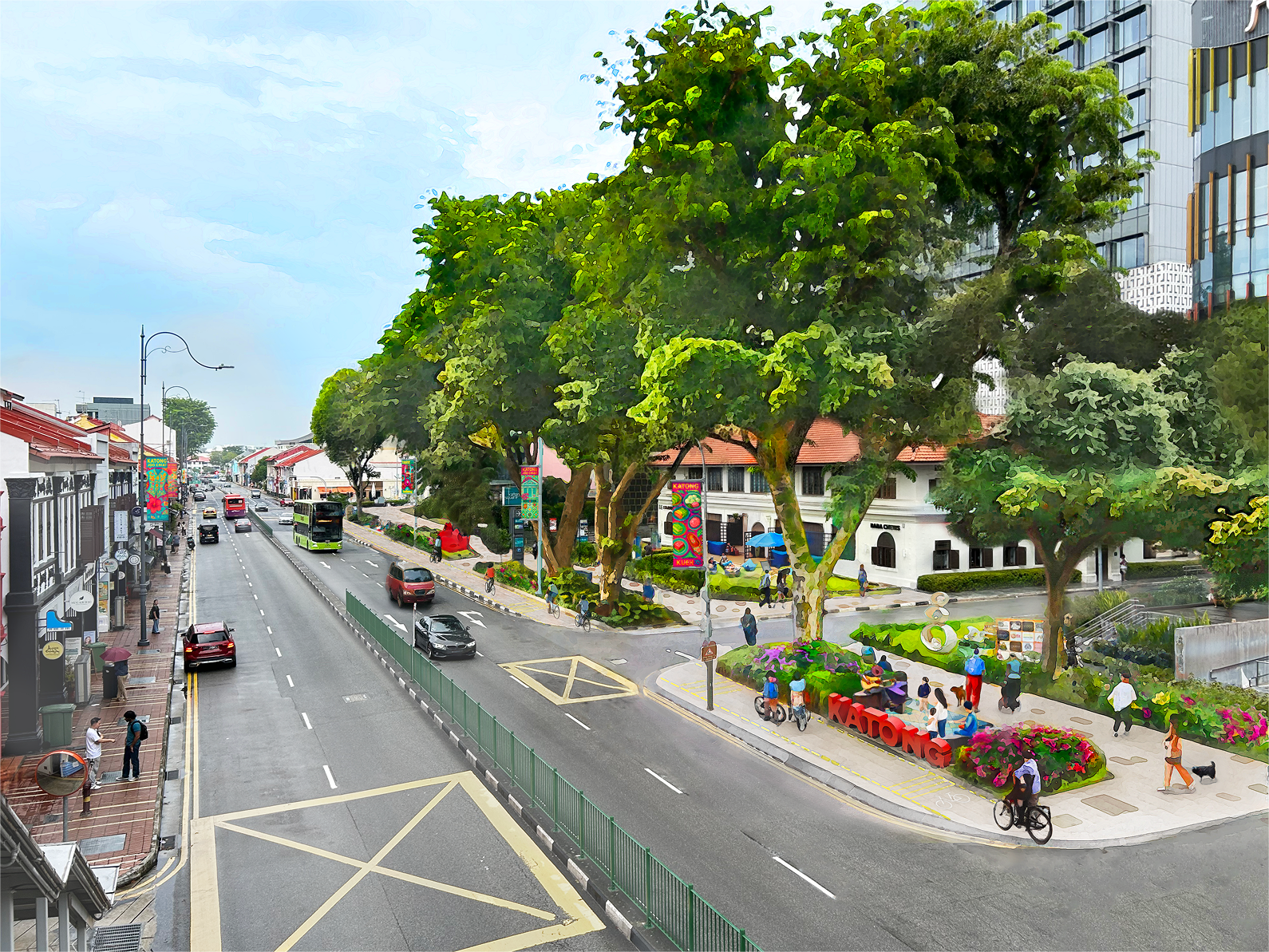 Street scene in Katong, Singapore. Cars, buses, cyclists and pedestrians move along the road and sidewalk with lush trees.